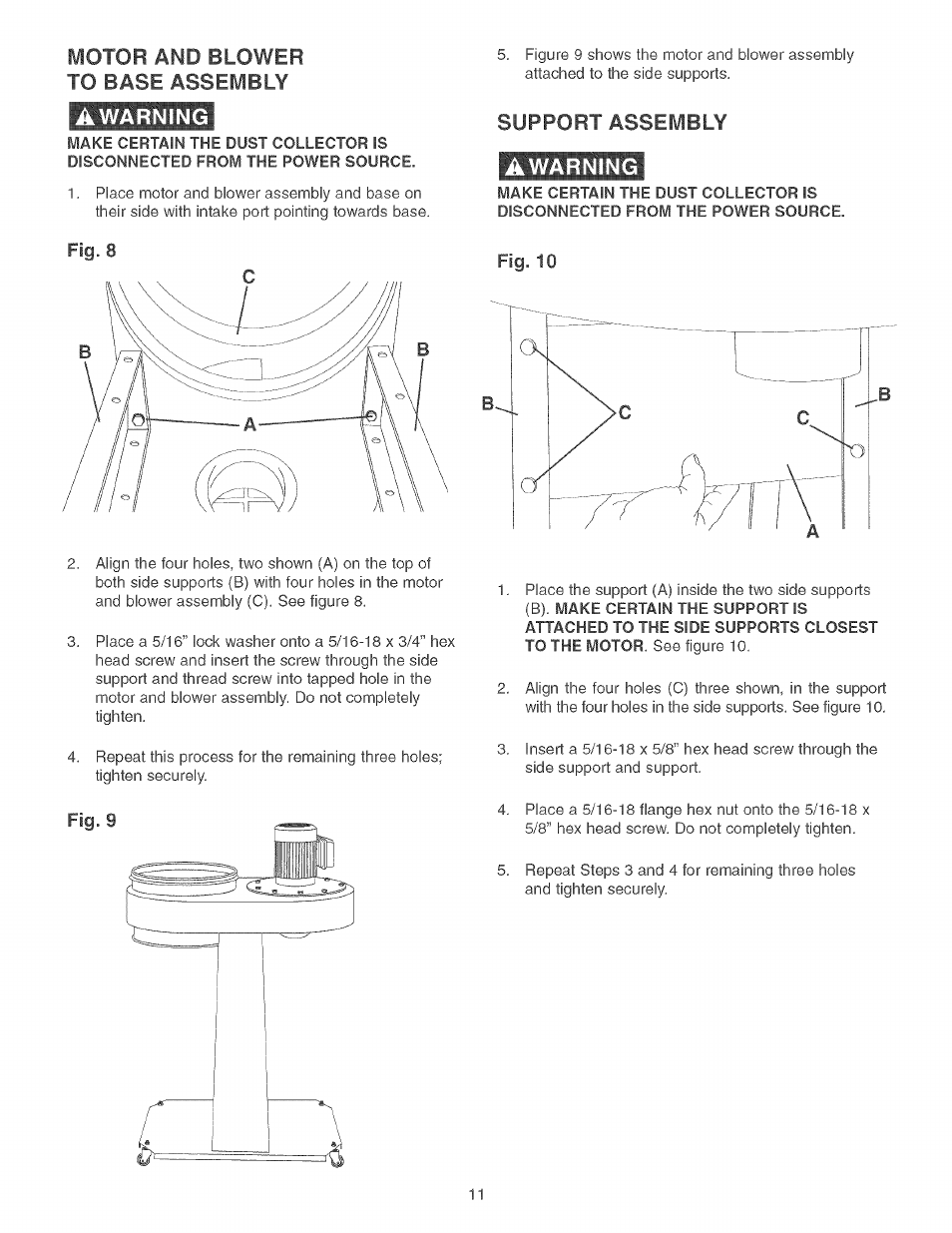 Support assembly, Awarning, Motor and blower to base assembly | Craftsman 152.213361 User Manual | Page 11 / 40