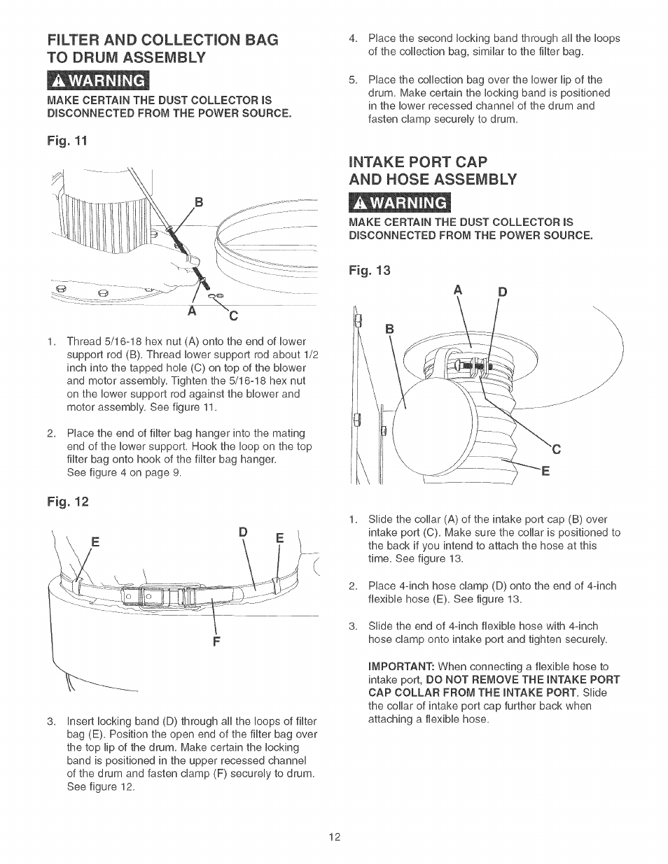 Awarning, Intake port cap and hose assembly, Filter and collection bag to drum assembly | Craftsman 152.213361 User Manual | Page 12 / 40