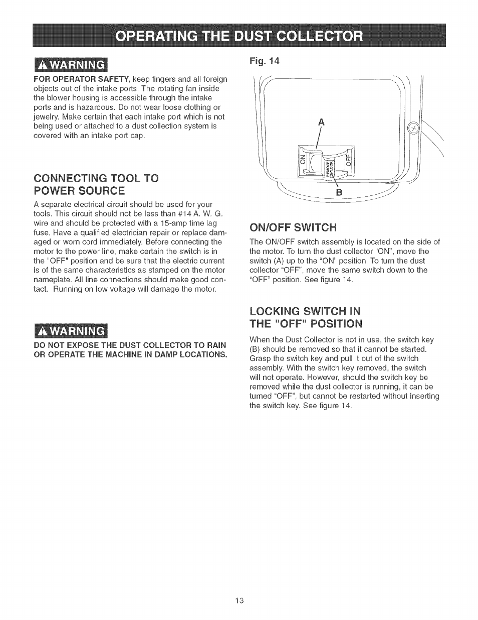 Connecting tool to power source, On/off switch, Locking switch in the "off" position | Awarning | Craftsman 152.213361 User Manual | Page 13 / 40