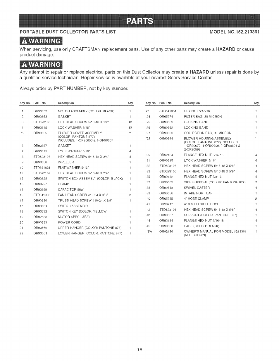 Awarning | Craftsman 152.213361 User Manual | Page 18 / 40