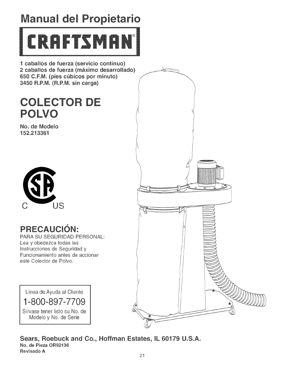 Crrftsmrn, Precaucion, Manual del propietario | Colector de polvo | Craftsman 152.213361 User Manual | Page 21 / 40