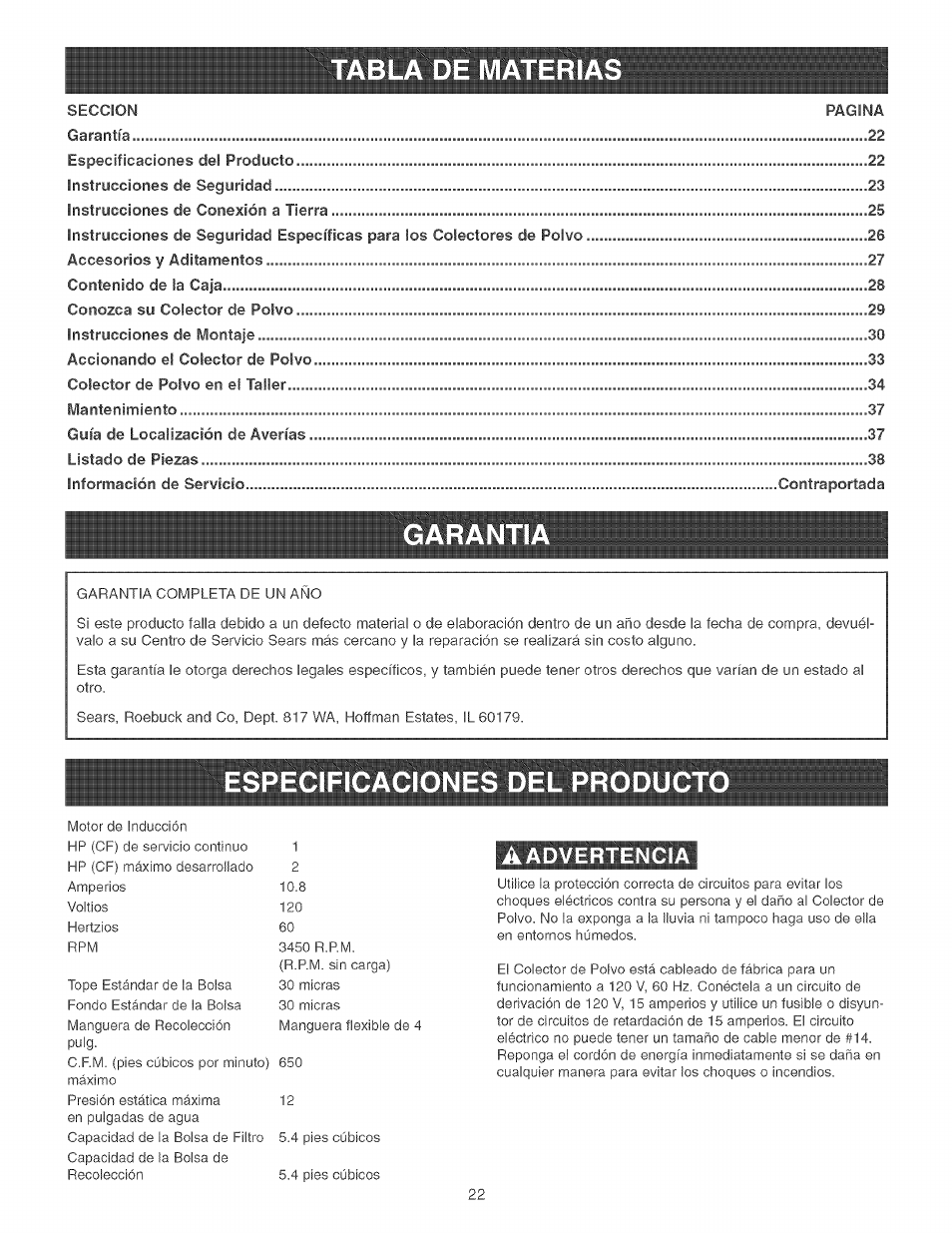 Aadvertencia | Craftsman 152.213361 User Manual | Page 22 / 40