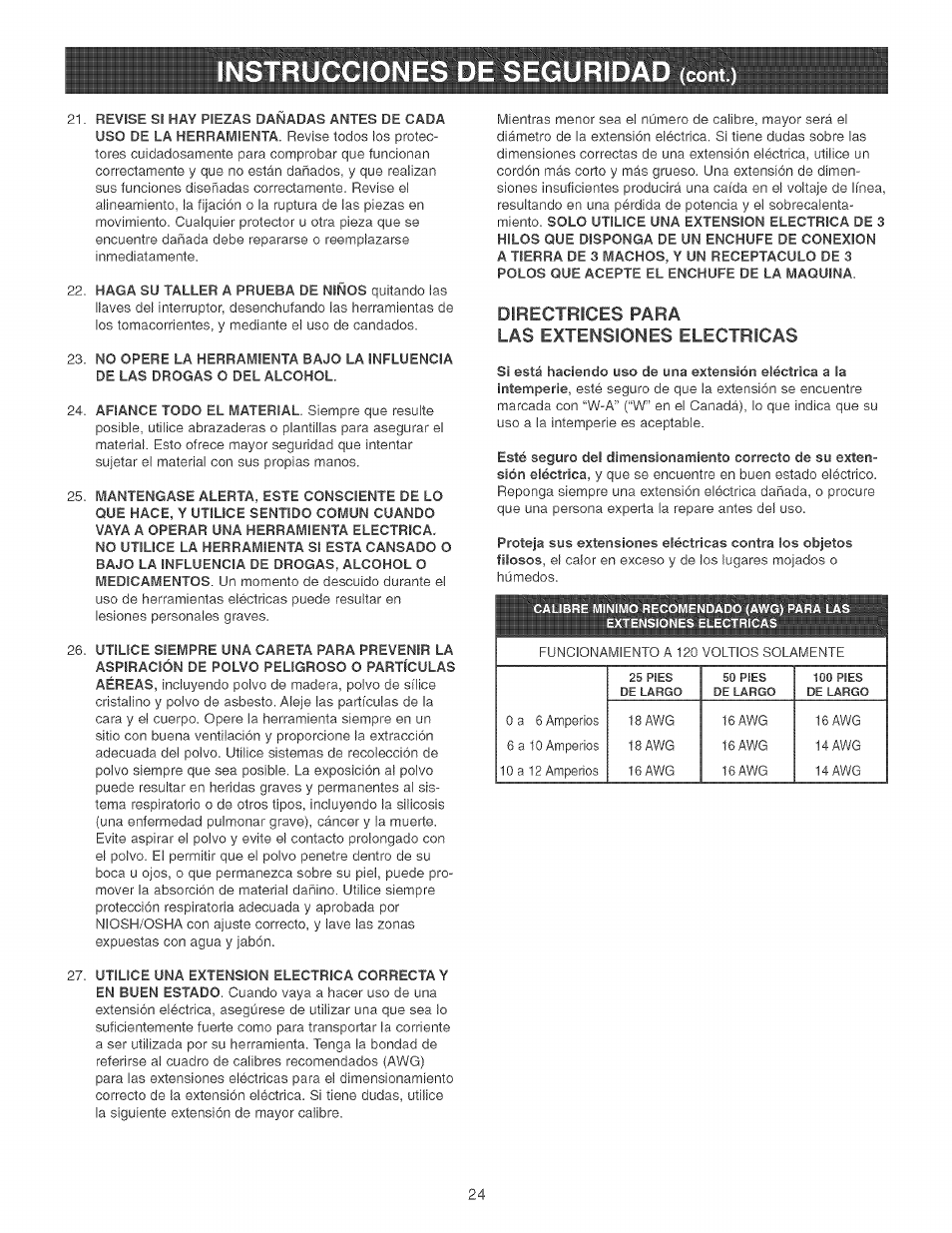 Directrices para las extensiones electricas | Craftsman 152.213361 User Manual | Page 24 / 40
