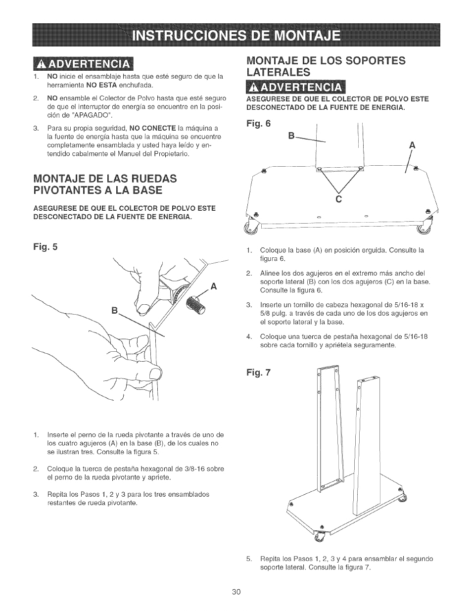 Montaje de las ruedas pivotantes a la base, Montaje de los soportes laterales, Aadvertencia | Craftsman 152.213361 User Manual | Page 30 / 40