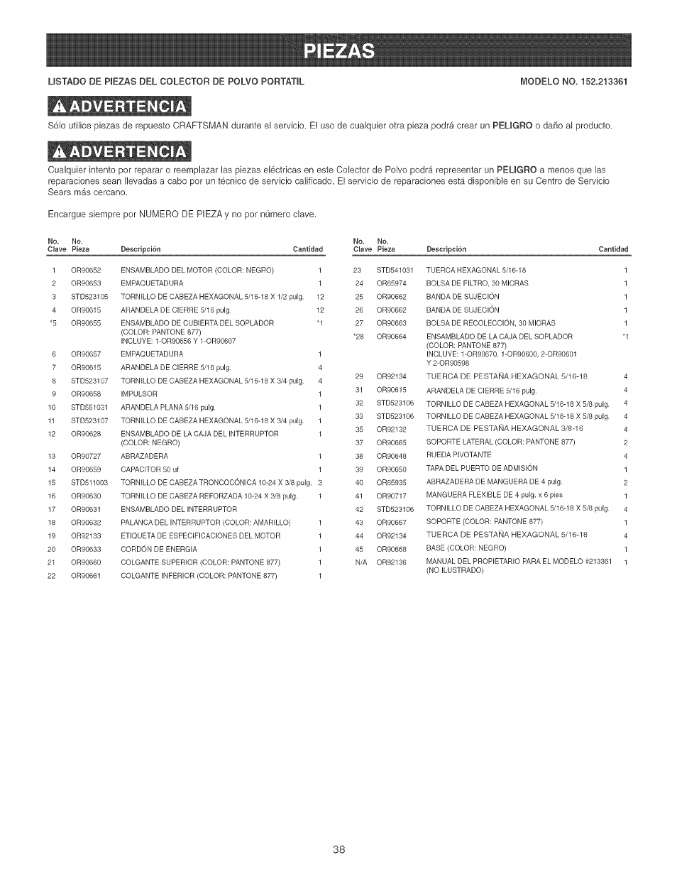 Aadvertencia, Craftsman, Peligro | Craftsman 152.213361 User Manual | Page 38 / 40