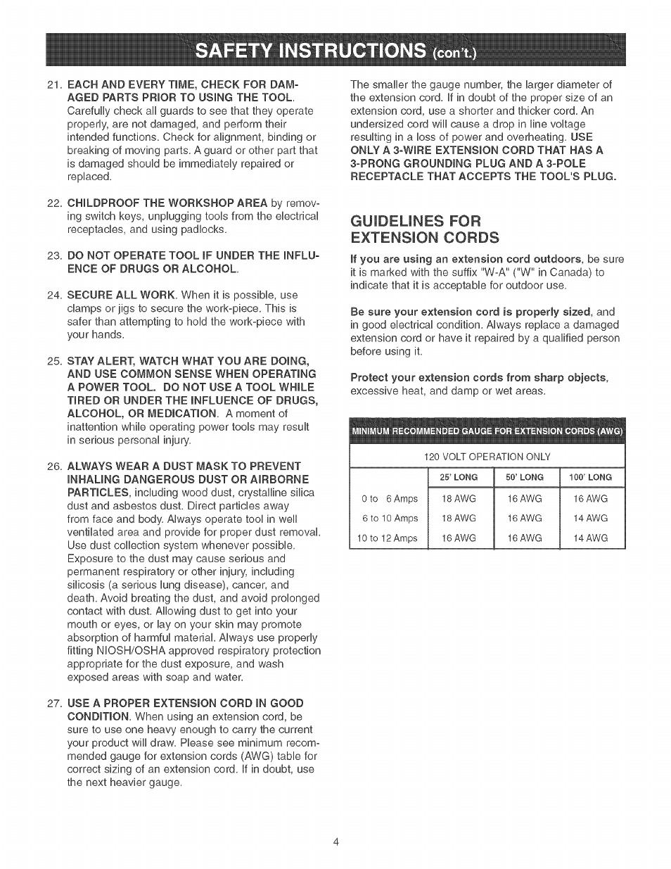 Guidelines for, Extension cords | Craftsman 152.213361 User Manual | Page 4 / 40