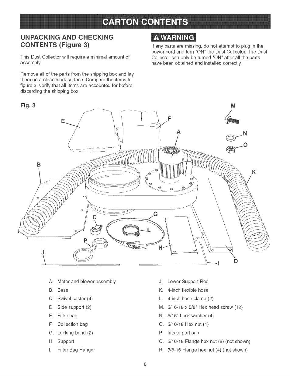 Unpacking and checking contents (figure 3), Awarning | Craftsman 152.213361 User Manual | Page 8 / 40