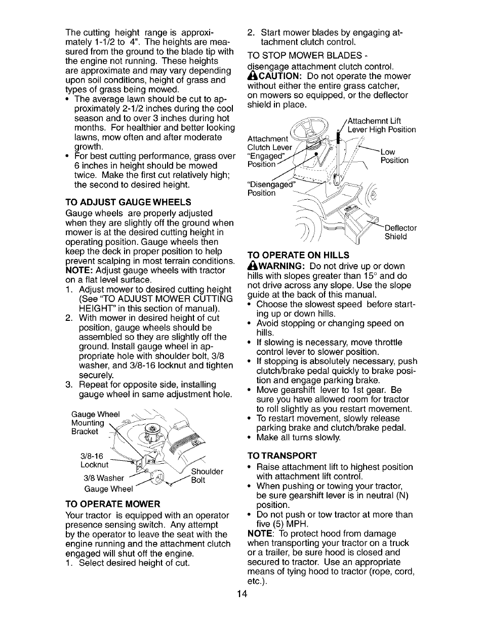 To adjust gauge wheels, To operate mower, To transport | Craftsman 917.272850 User Manual | Page 14 / 56