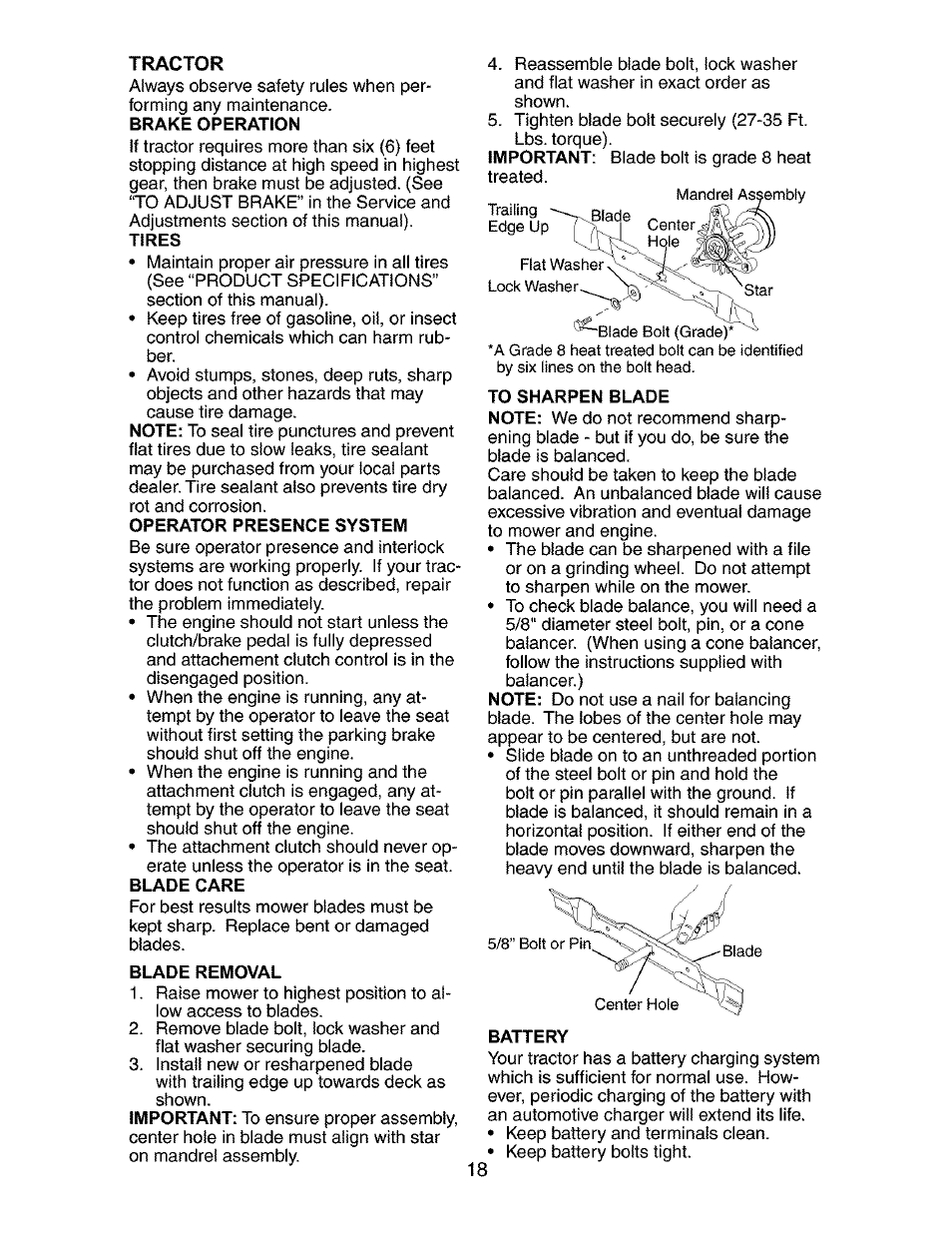 Operator presence system, Blade care, Blade removal | Battery | Craftsman 917.272850 User Manual | Page 18 / 56