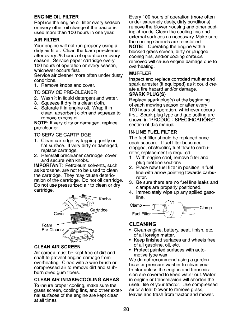 Engine oil filter, Air filter, Clean air intake/cooling areas | Muffler, Spark plug(s), In-line fuel filter | Craftsman 917.272850 User Manual | Page 20 / 56