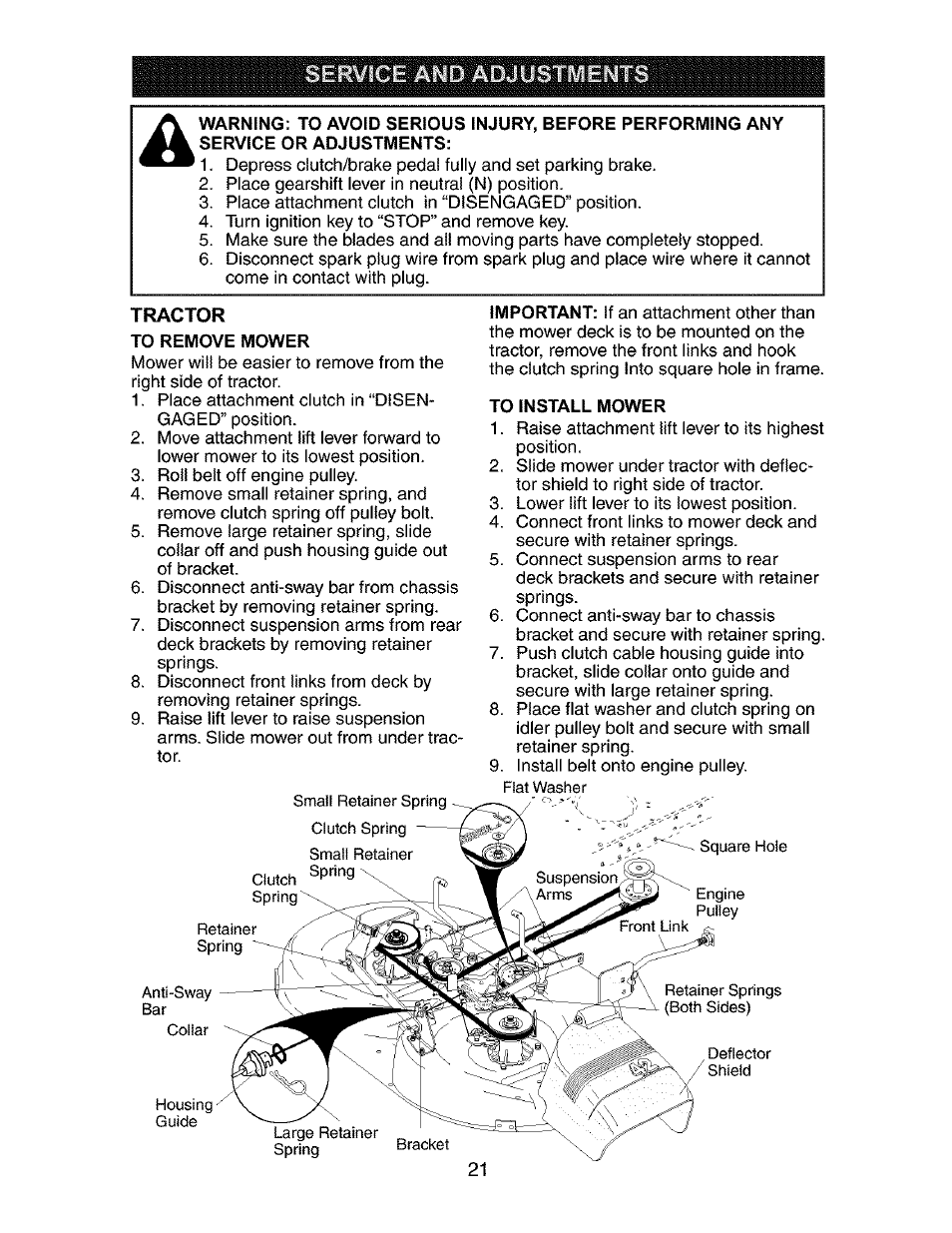 To remove mower, To install mower | Craftsman 917.272850 User Manual | Page 21 / 56