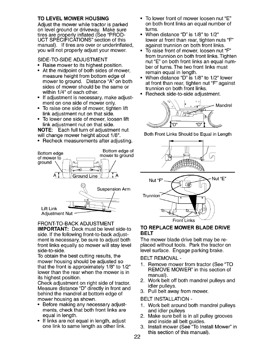 To level mower housing, To replace mower blade drive, Belt | Craftsman 917.272850 User Manual | Page 22 / 56