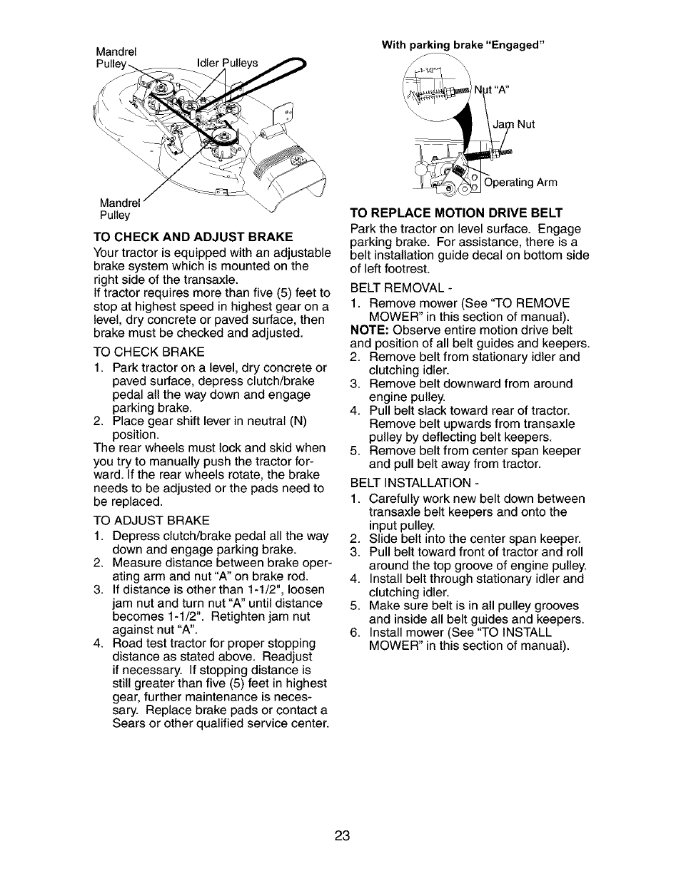 To check and adjust brake | Craftsman 917.272850 User Manual | Page 23 / 56