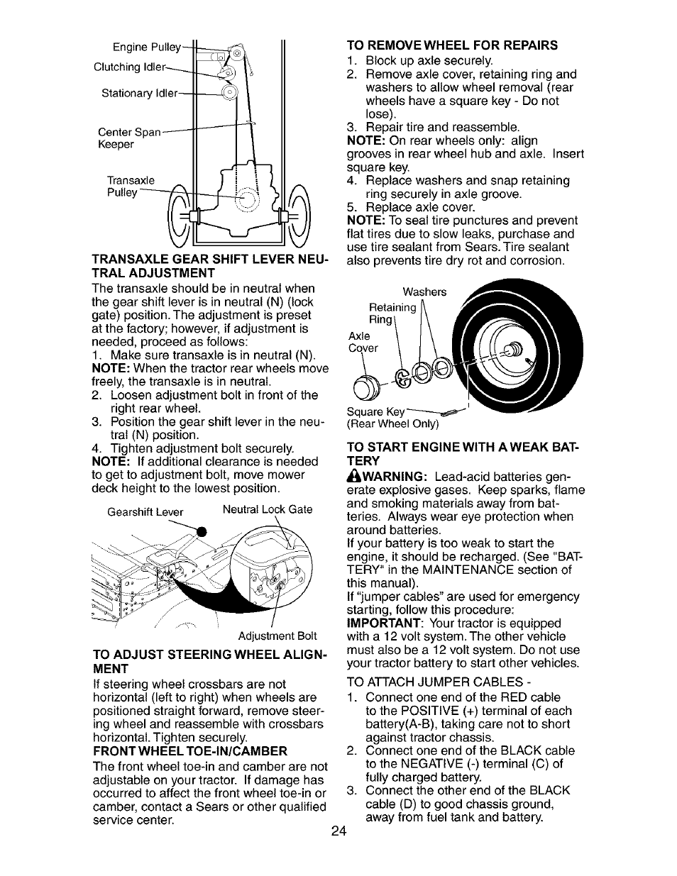 Tral adjustment, To adjust steering wheel alignment, To remove wheel for repairs | To start engine with a weak battery | Craftsman 917.272850 User Manual | Page 24 / 56