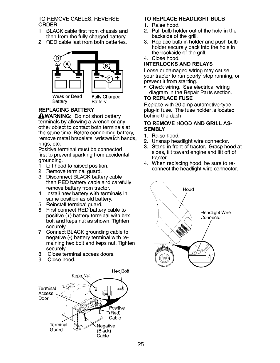 To replace headlight bulb, To remove hood and grill assembly | Craftsman 917.272850 User Manual | Page 25 / 56