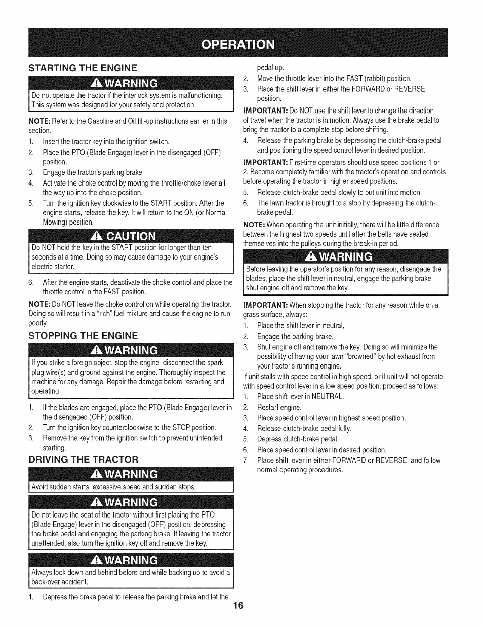 Awarning, A caution, Stopping the engine | Driving the tractor, Operation | Craftsman 247.28902 User Manual | Page 16 / 92