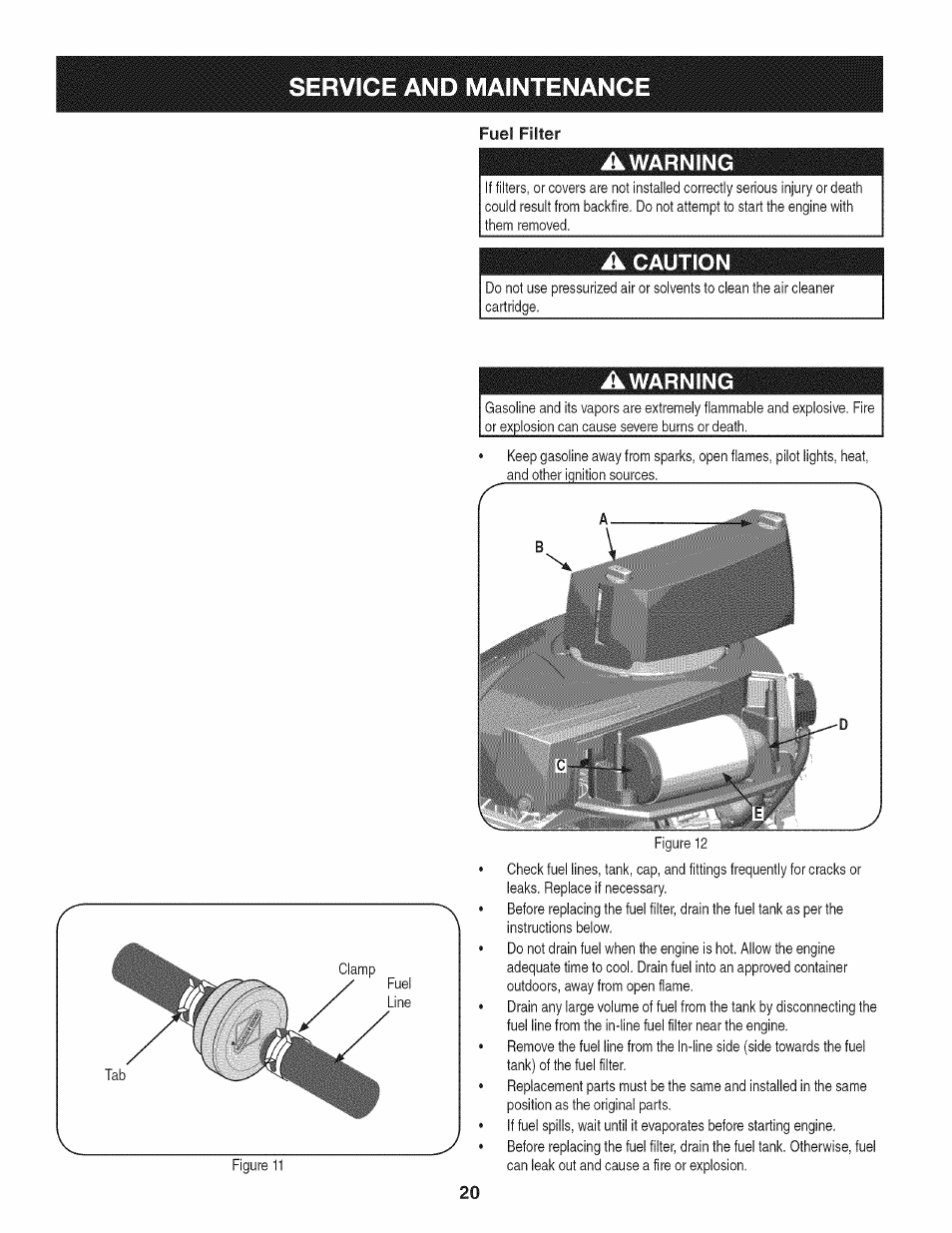 Fuel filter, Awarning, A caution | Craftsman 247.28902 User Manual | Page 20 / 92