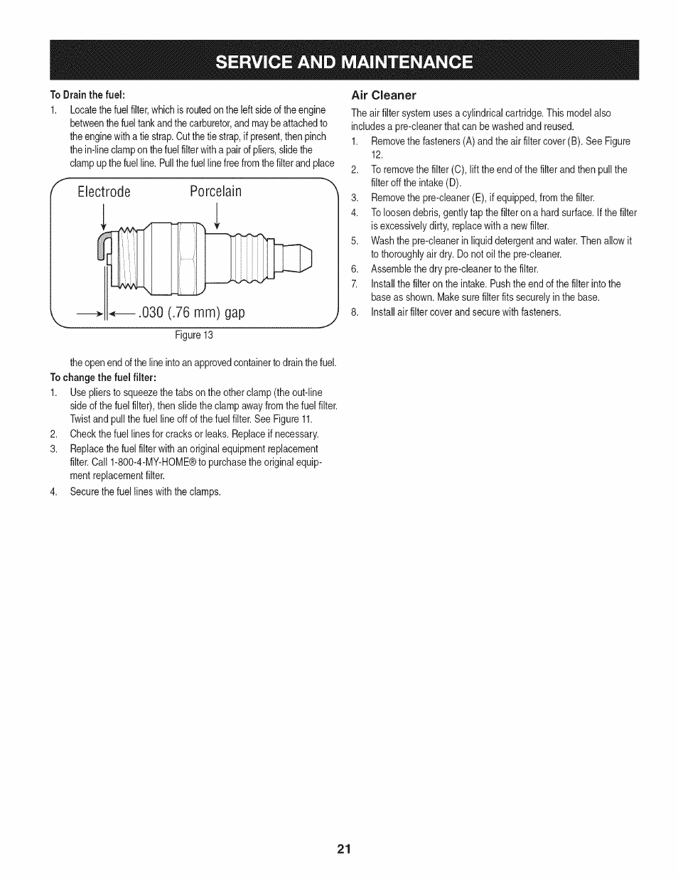 Air cleaner, Service and maintenanc i | Craftsman 247.28902 User Manual | Page 21 / 92