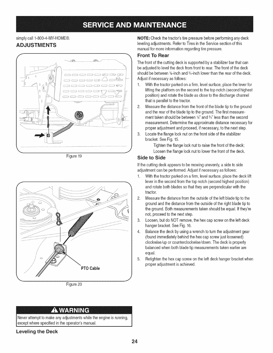 Front to rear, Side to side, Awarning | Leveling the deck, Service and maintenance | Craftsman 247.28902 User Manual | Page 24 / 92