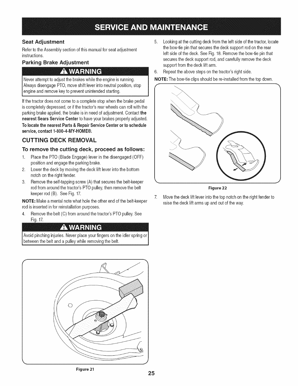 Seat adjustment, Parking brake adjustment, Awarning | Cutting deck removal, To remove the cutting deck, proceed as follows, Service and maintenance | Craftsman 247.28902 User Manual | Page 25 / 92