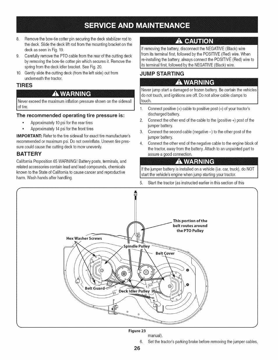 Tires, Awarning, A caution | Jump starting, The recommended operating tire pressure is, Battery, Service and maintenance | Craftsman 247.28902 User Manual | Page 26 / 92