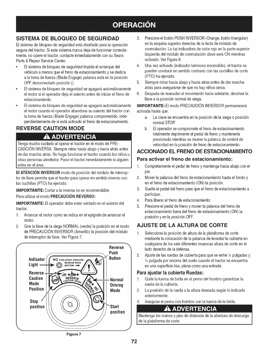 Reverse caution mode, A advertencia, Indicator light | Reverse, Caution, Mode, Position, Stop position, Reverse —^ push, Normal | Craftsman 247.28902 User Manual | Page 72 / 92