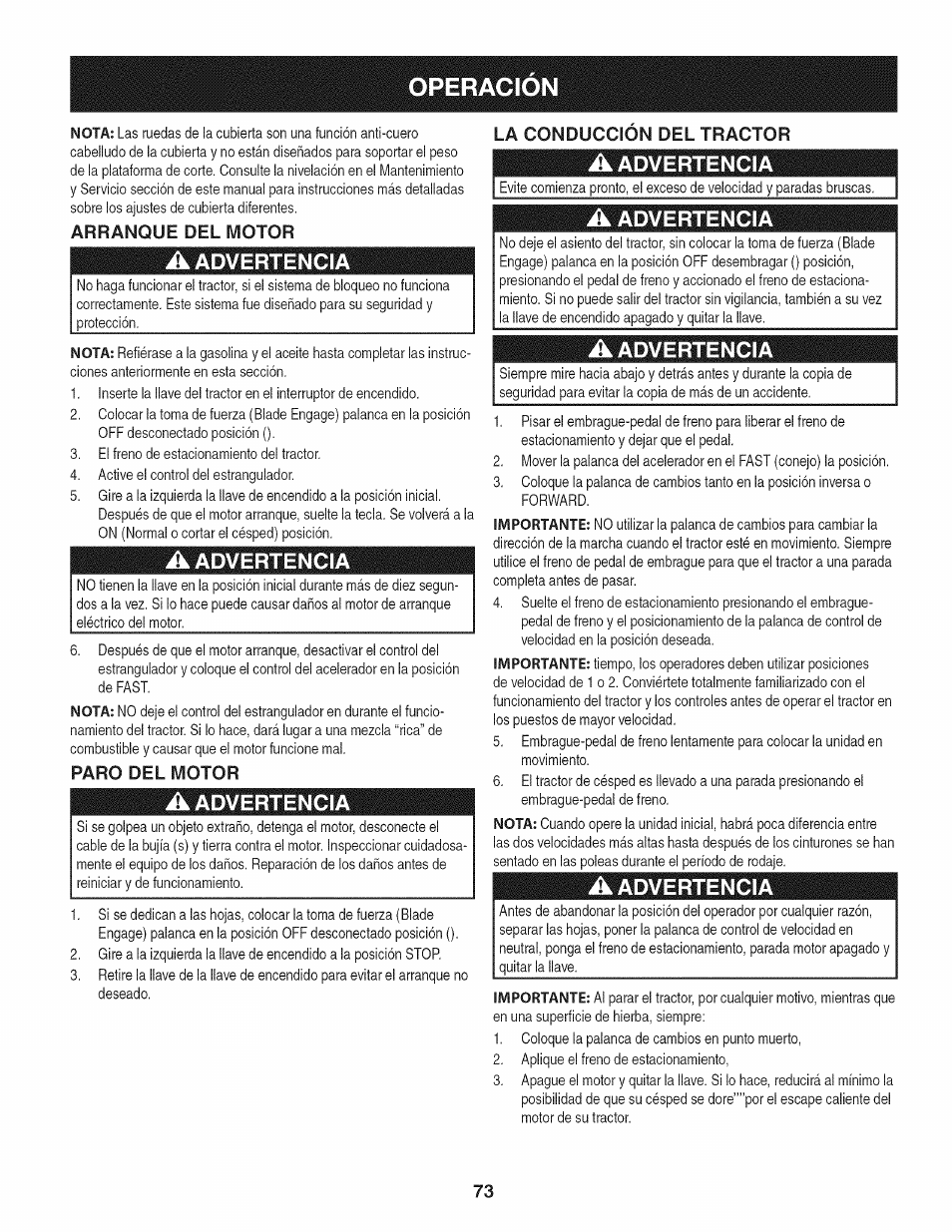 Arranque del motor, A advertencia, Paro del motor | La conduccion del tractor, Operacion, Advertencia | Craftsman 247.28902 User Manual | Page 73 / 92