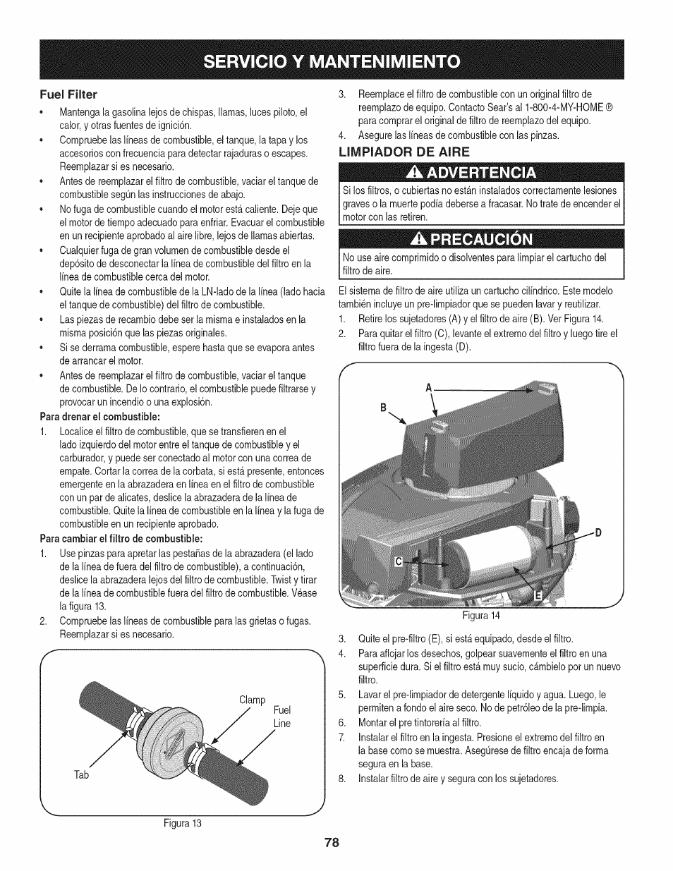 Fuel filter, Limpiador de aire, A advertencia | A precaución, Servicio y mantenimiento, Advertencia, Precaución | Craftsman 247.28902 User Manual | Page 78 / 92