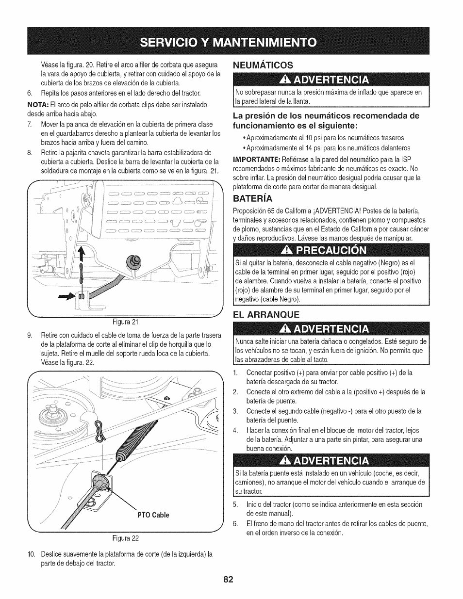 Neumaticos, A advertencia, Batería | A precaución, El arranque, Servicio y mantenimiento, Advertencia, Precaución | Craftsman 247.28902 User Manual | Page 82 / 92