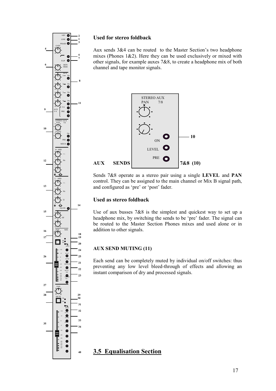 17 used for stereo foldback, Used as stereo foldback, Aux sends 7&8 (10) | Aux send muting (11) | TL Audio VTC User Manual | Page 17 / 52