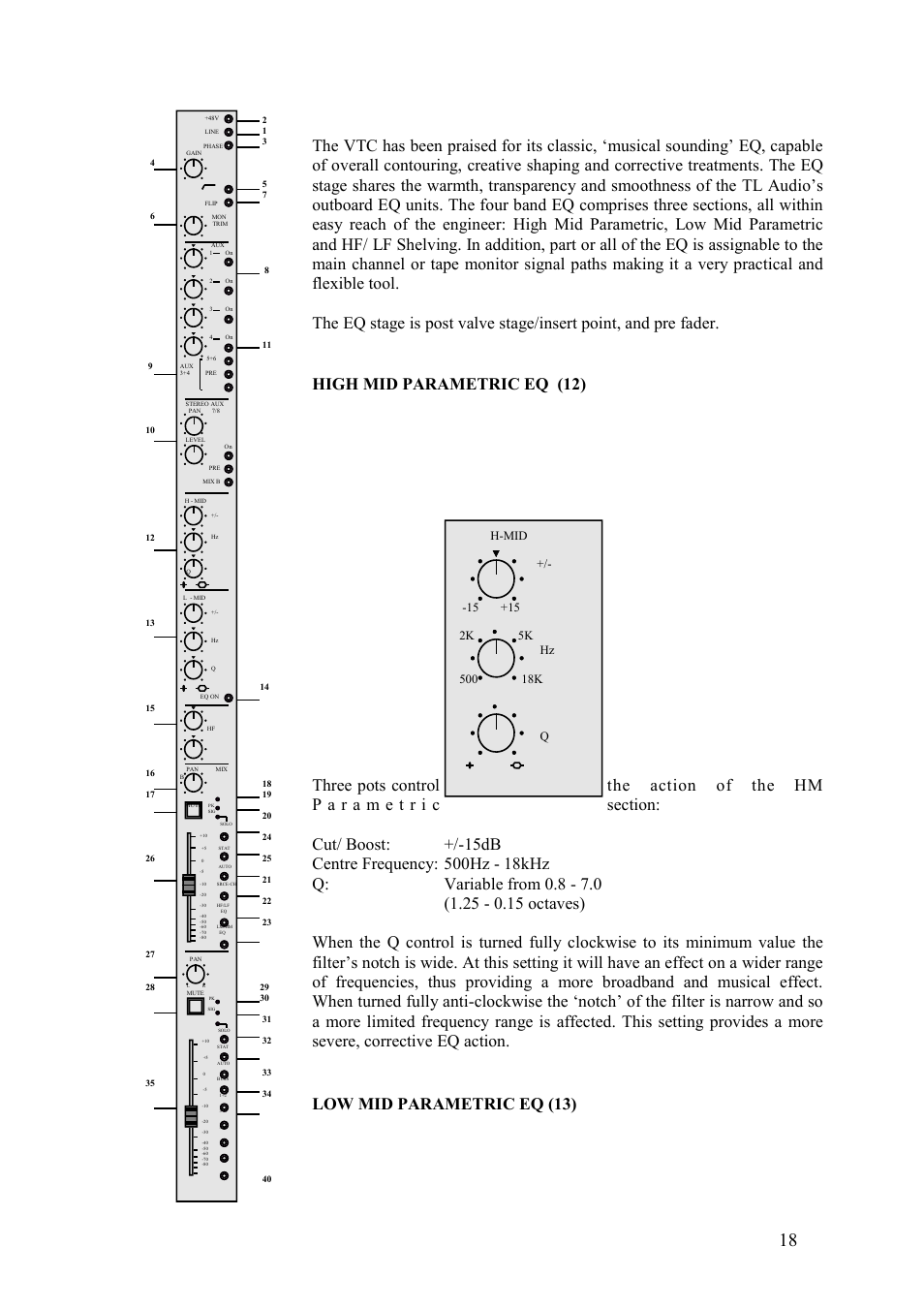 High mid parametric eq (12), Low mid parametric eq (13) | TL Audio VTC User Manual | Page 18 / 52