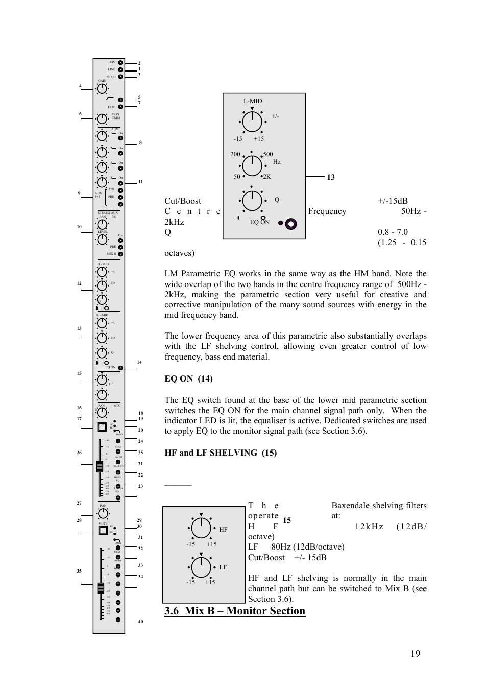 Eq on (14), Hf and lf shelving (15) | TL Audio VTC User Manual | Page 19 / 52