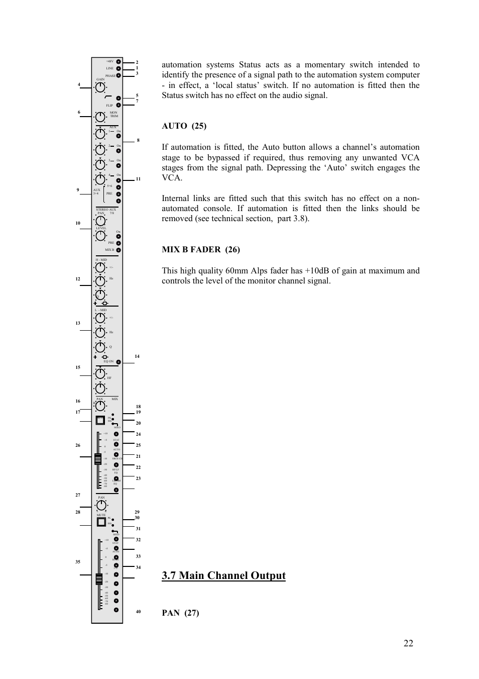 7 main channel output, Pan (27) | TL Audio VTC User Manual | Page 22 / 52
