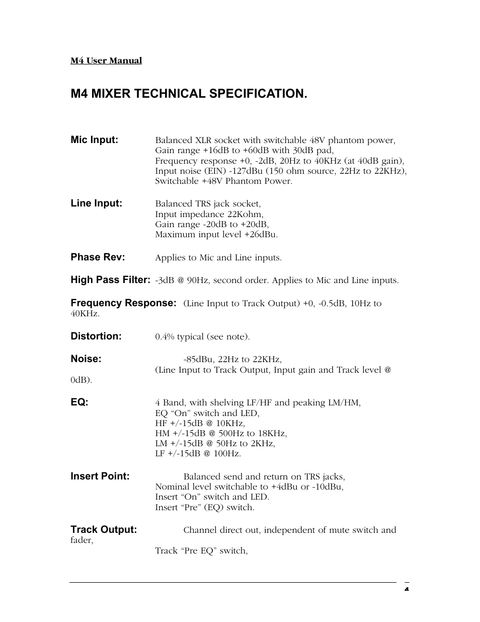 M4 mixer technical specification | TL Audio M4 User Manual | Page 5 / 14