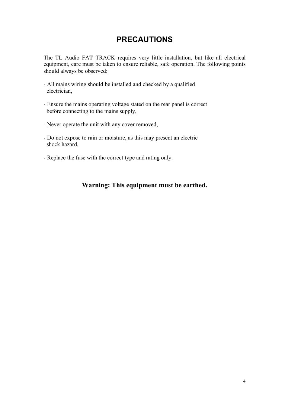 Precautions | TL Audio Fat Track User Manual | Page 5 / 26