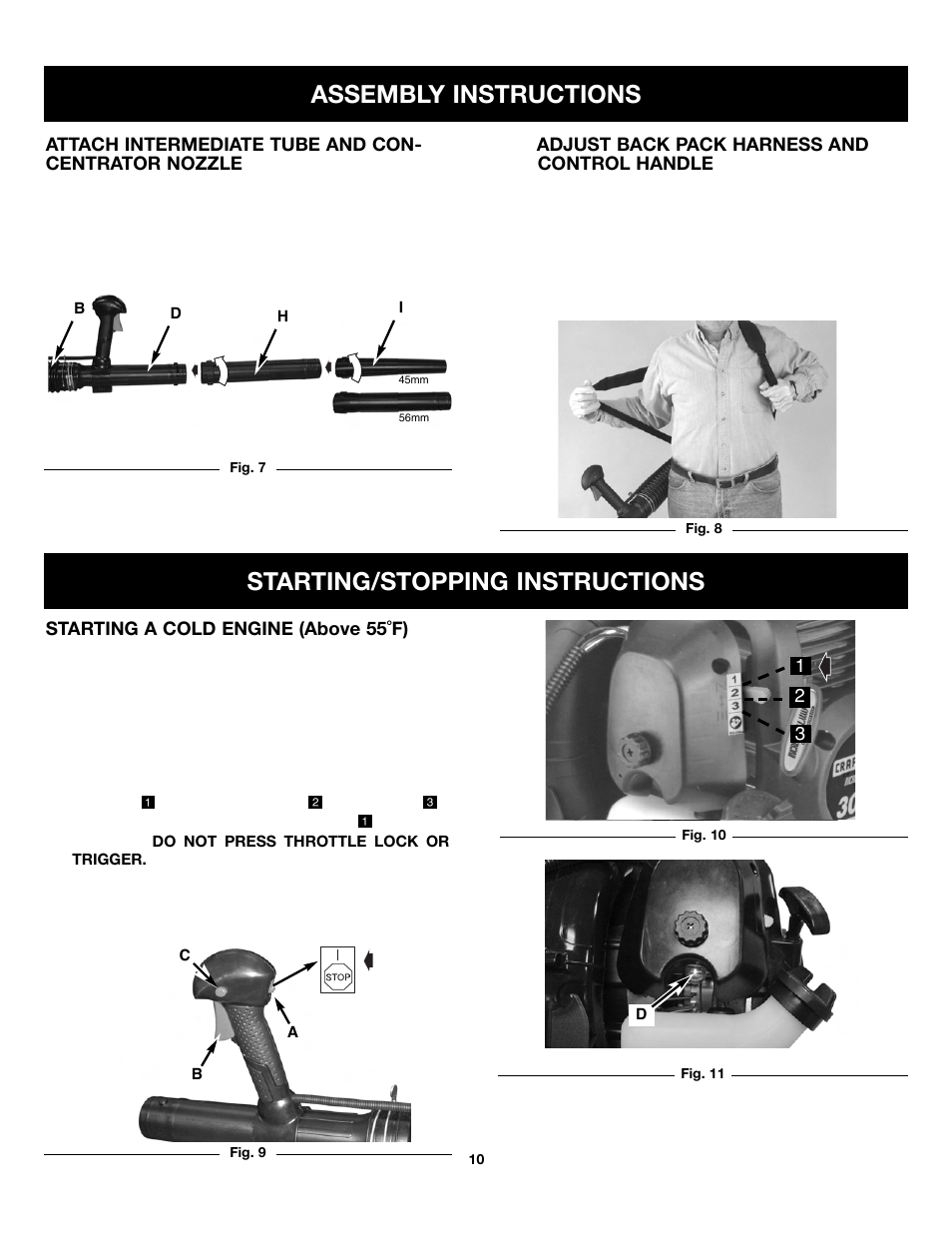 Assembly instructions, Starting/stopping instructions | Craftsman 316.79499 User Manual | Page 10 / 22