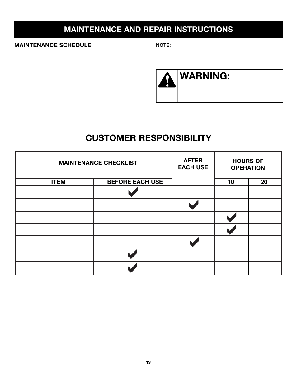 Warning, Customer responsibility, Maintenance and repair instructions | Craftsman 316.79499 User Manual | Page 13 / 22