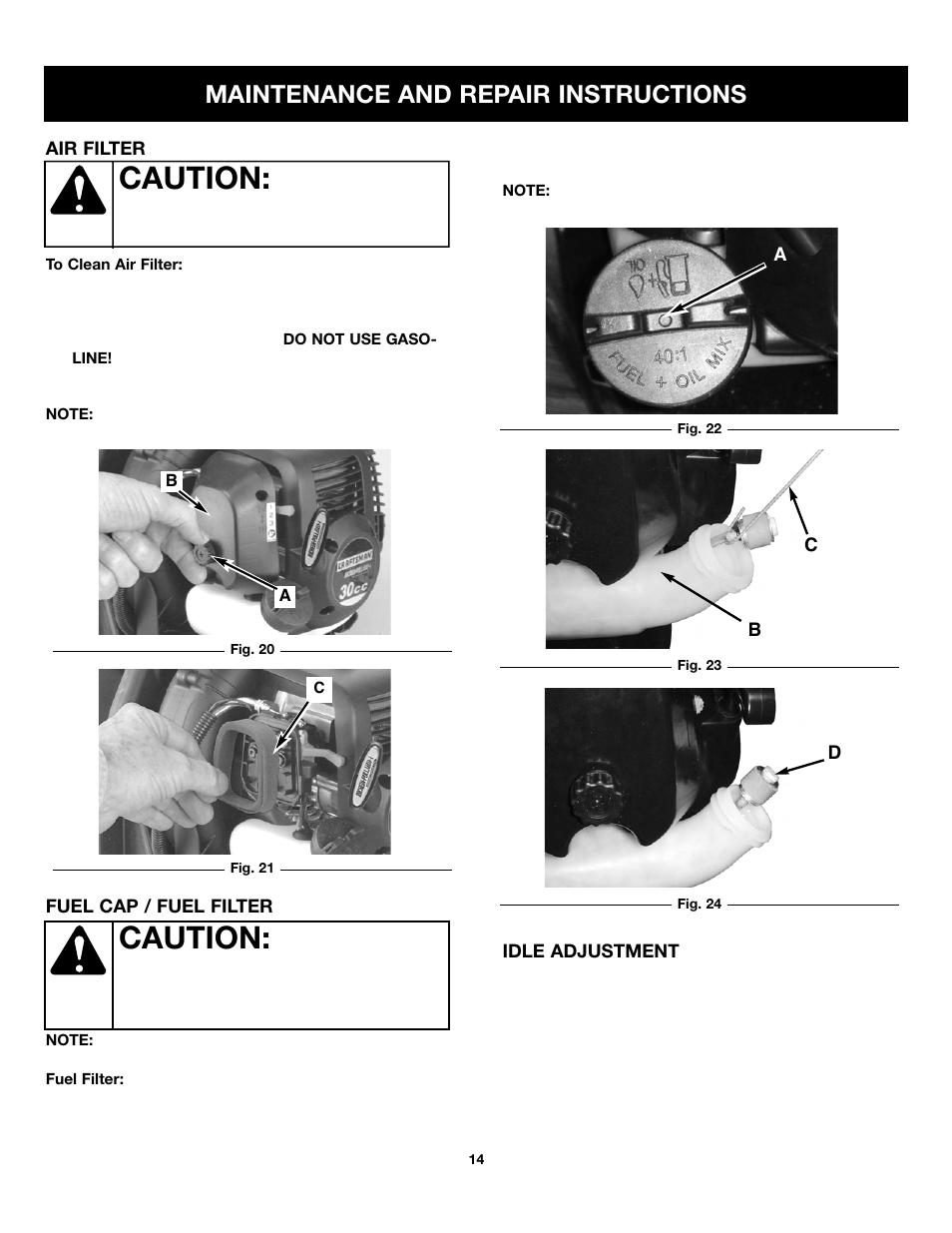 Caution, Maintenance and repair instructions | Craftsman 316.79499 User Manual | Page 14 / 22