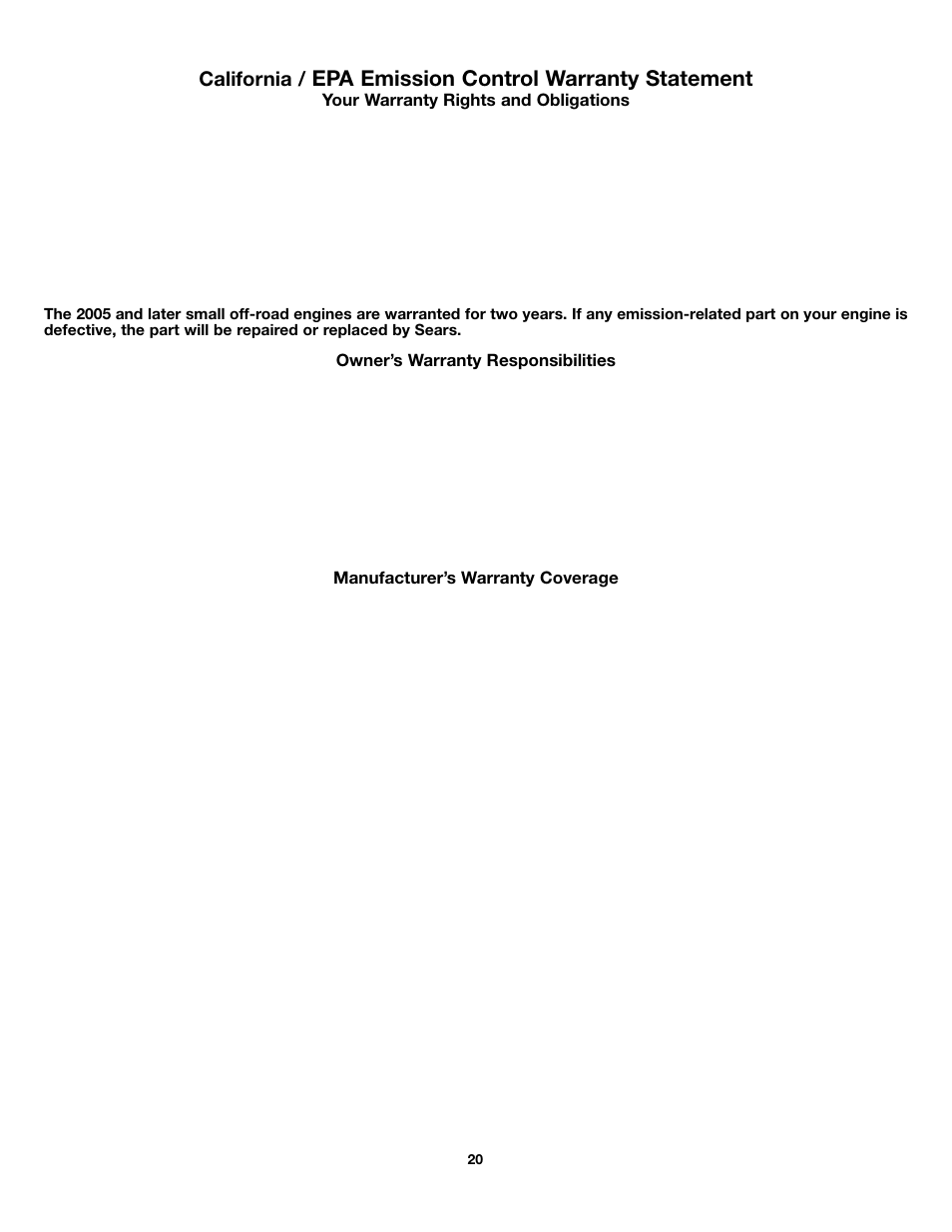 Epa emission control warranty statement, California | Craftsman 316.79499 User Manual | Page 20 / 22