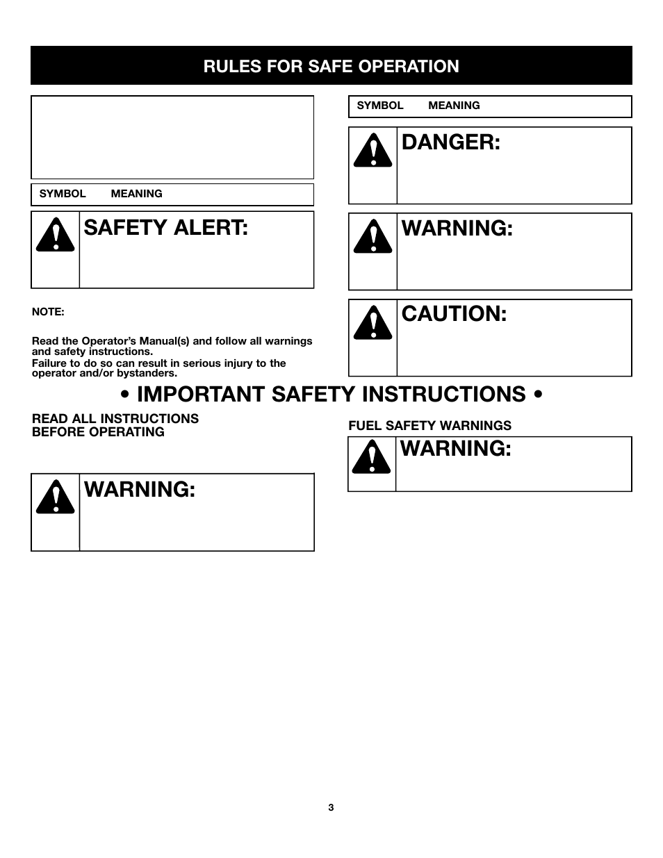 Safety alert, Warning, Danger | Caution: • important safety instructions, Rules for safe operation | Craftsman 316.79499 User Manual | Page 3 / 22