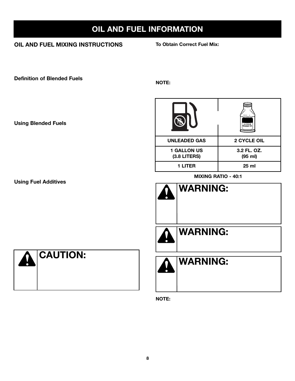 Caution, Warning, Oil and fuel information | Craftsman 316.79499 User Manual | Page 8 / 22