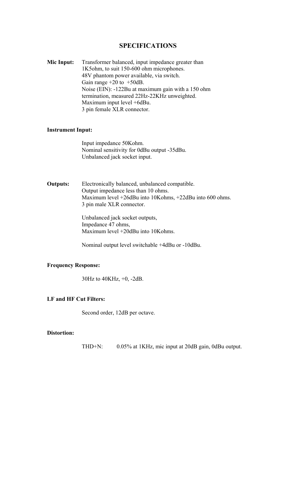 Specifications | TL Audio PA-1 User Manual | Page 11 / 12