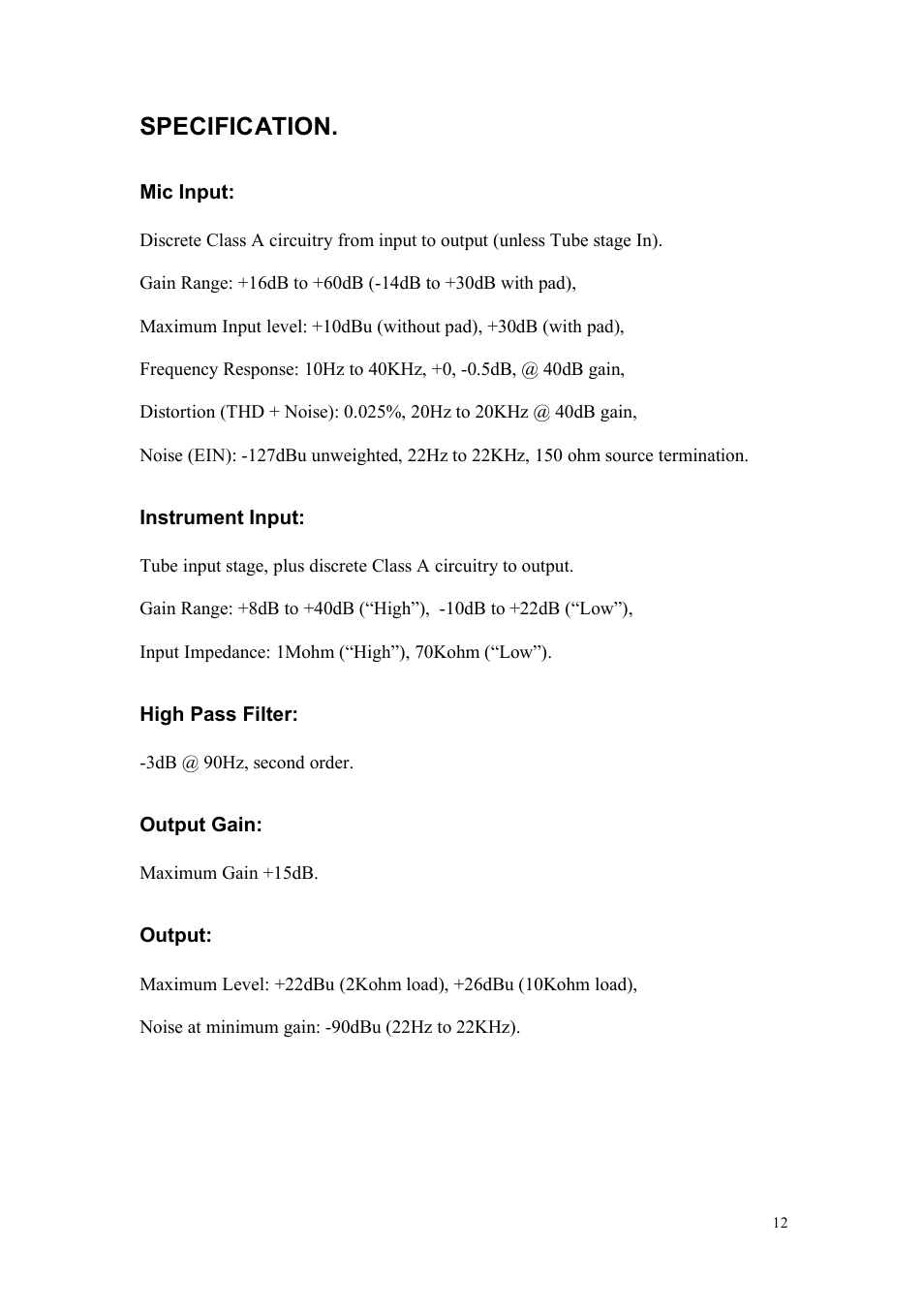 Specification | TL Audio A1 User Manual | Page 13 / 15