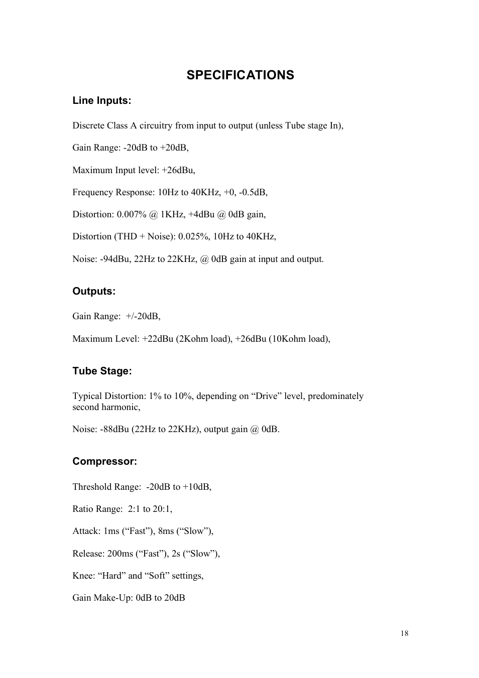 Specifications | TL Audio A2 User Manual | Page 19 / 21