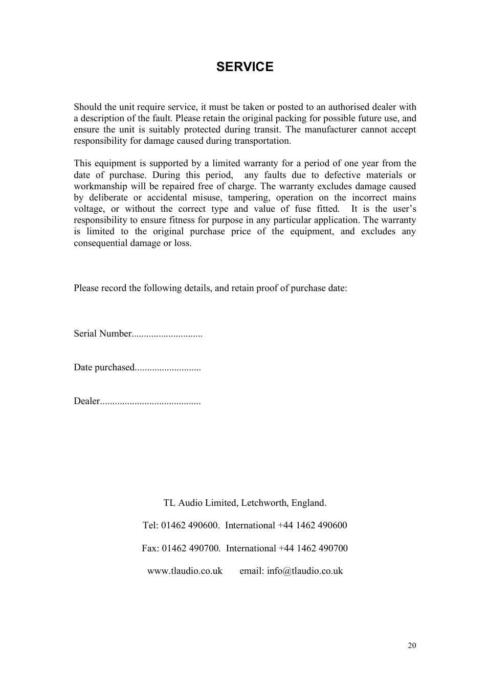Service | TL Audio A2 User Manual | Page 21 / 21