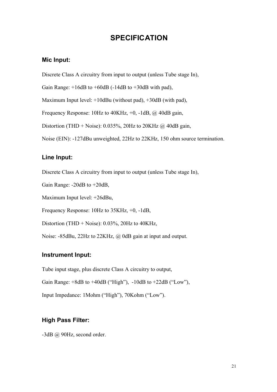 Specification | TL Audio A3 User Manual | Page 22 / 25