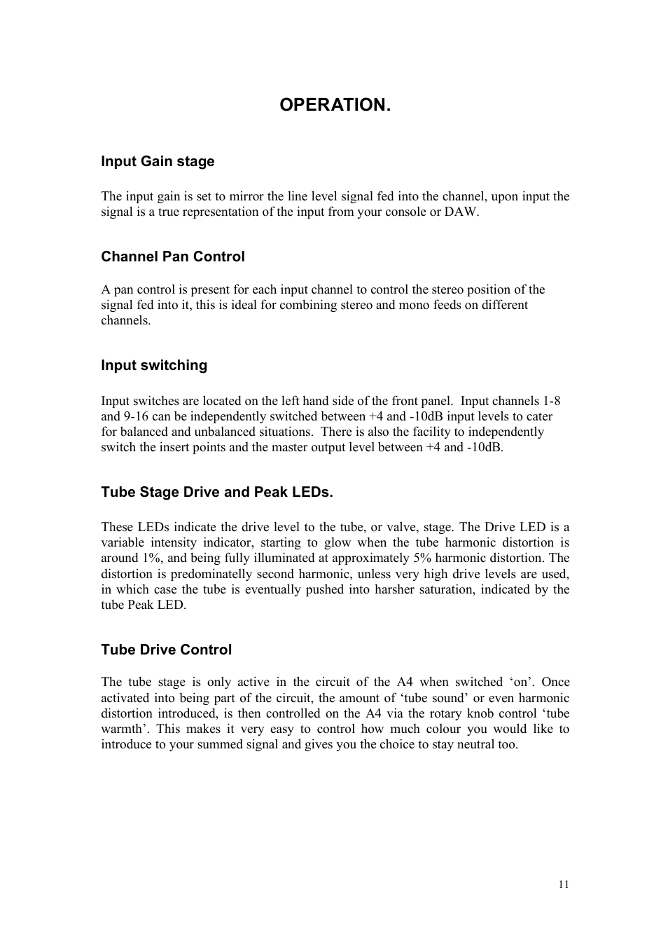 Operation | TL Audio A4 User Manual | Page 11 / 15