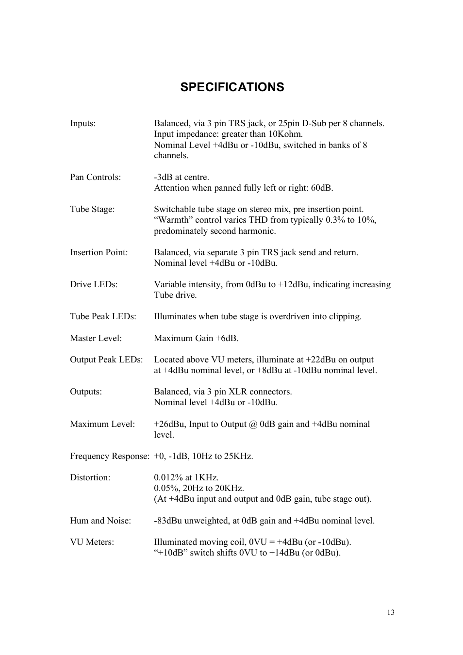 Specifications | TL Audio A4 User Manual | Page 13 / 15