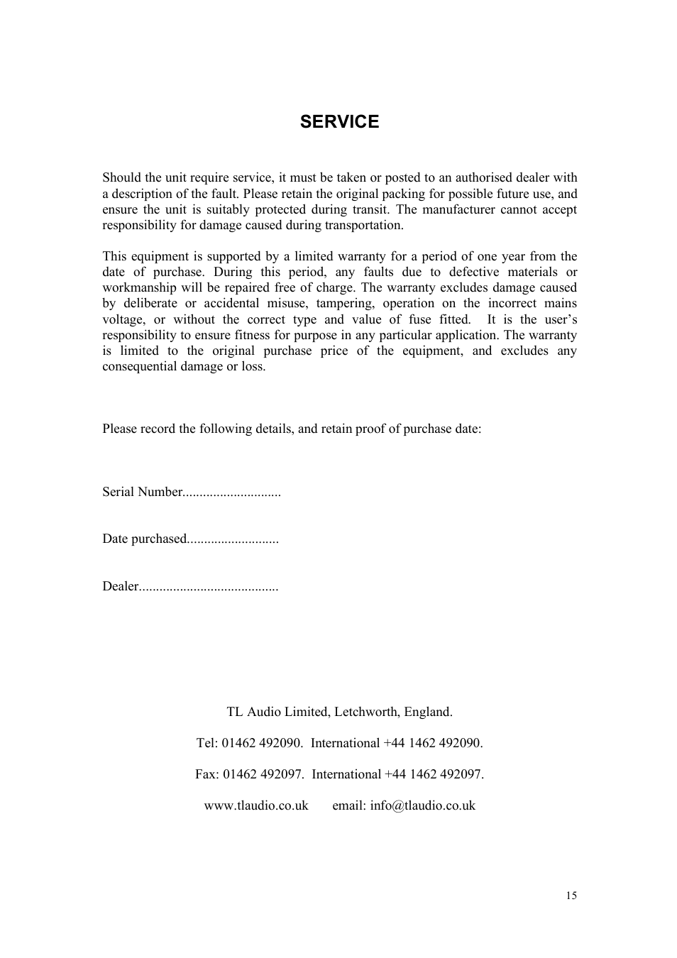 Service | TL Audio A4 User Manual | Page 15 / 15