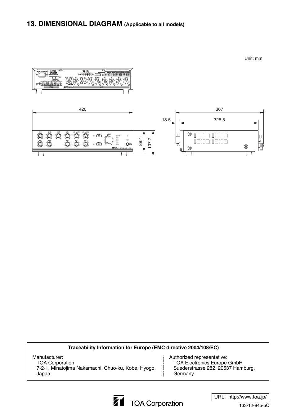 Dimensional diagram | Toa A-1724 User Manual | Page 12 / 12